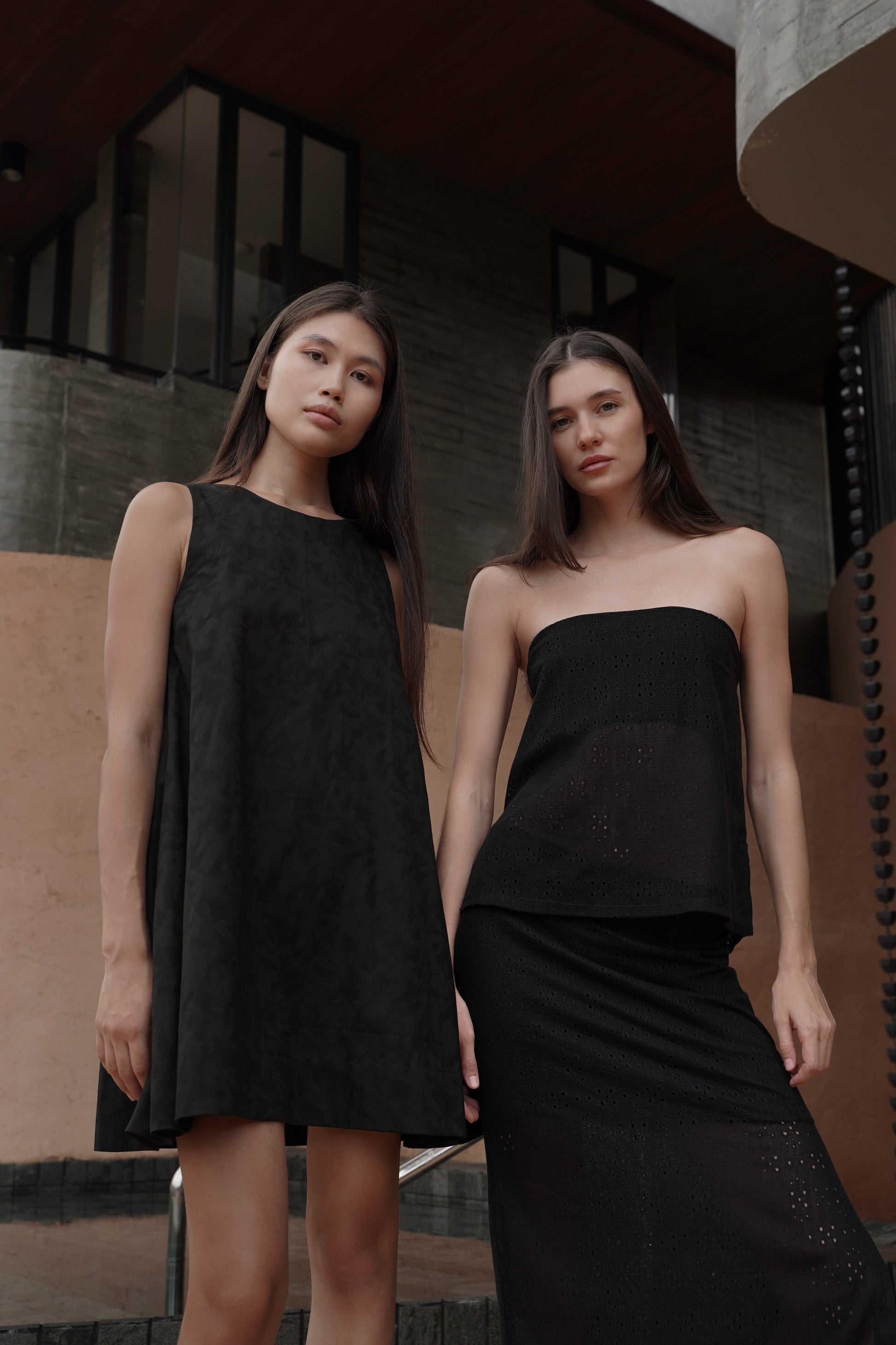 Trapeze Jacquard Dress – editorial two models