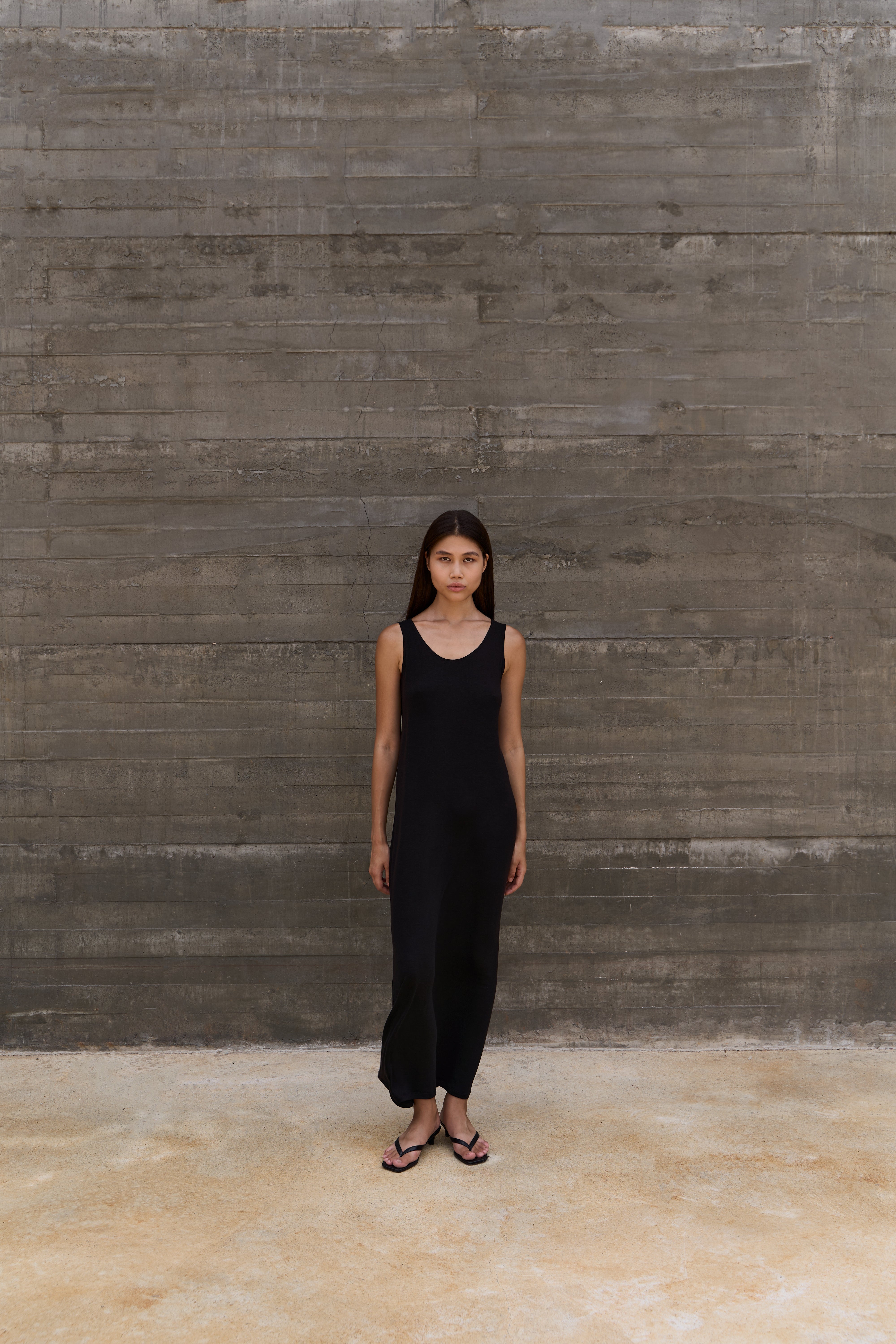 Flip Tank Dress Black - full body, concrete wall