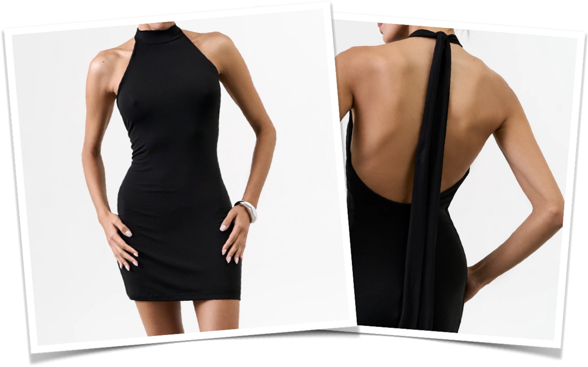 Short halter dress with an open back in black