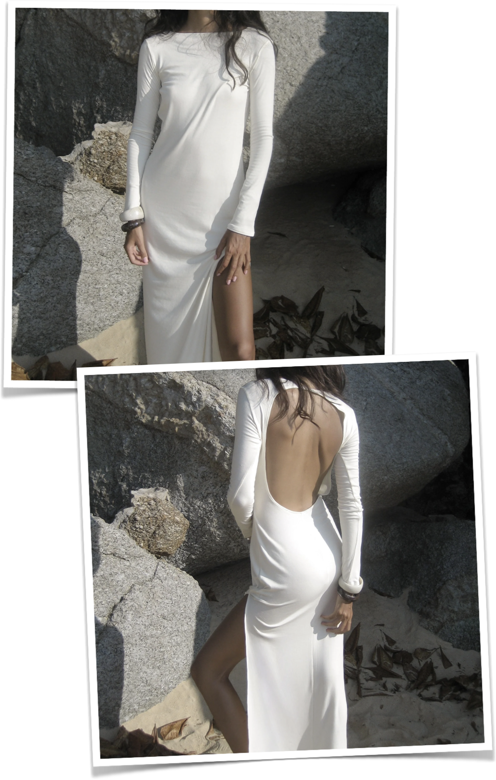 Long-sleeved maxi dress with a slit in ivory