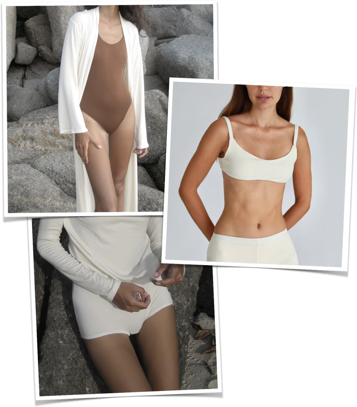 Shorts, flowing kimono and slip top in ivory